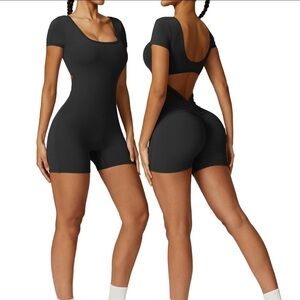 Black Short-Sleeve Scoop-Back Romper